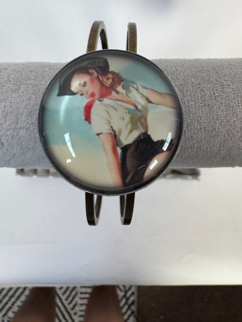 Vintage Cowgirl Pinup Bangle Bracelet Photo Cabochon Brass Tone Adjustable